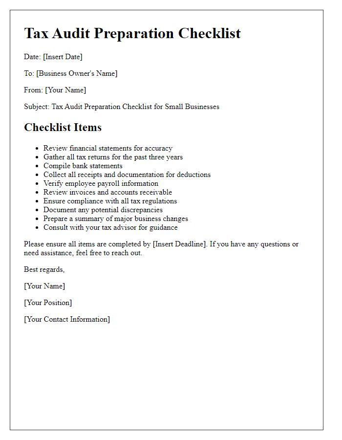 Letter template of Tax Audit Preparation Checklist for Small Businesses