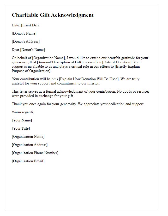 Letter template of charitable gift acknowledgment