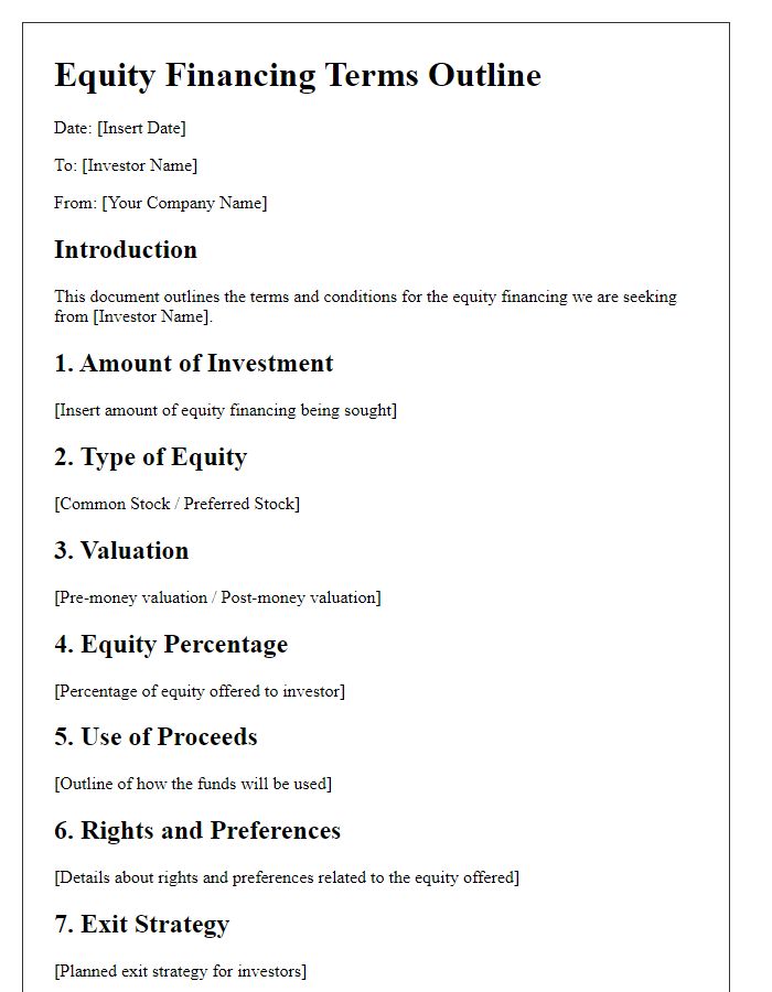 Letter template of equity financing terms outline