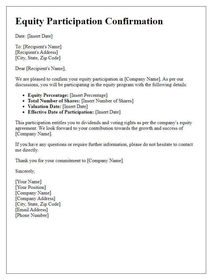 Letter template of equity participation confirmation