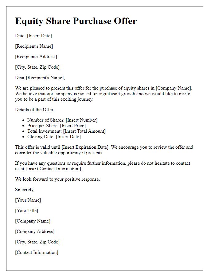 Letter template of equity share purchase offer