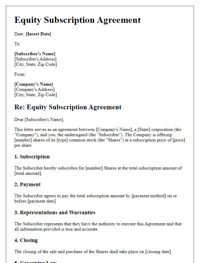 Letter template of equity subscription agreement