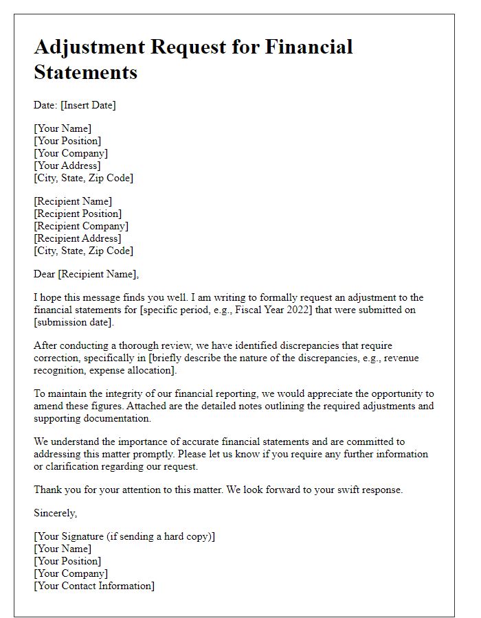 Letter template of adjustment request for financial statements