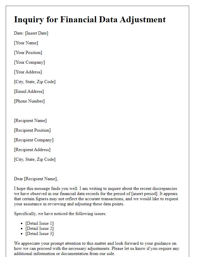 Letter template of inquiry for financial data adjustment