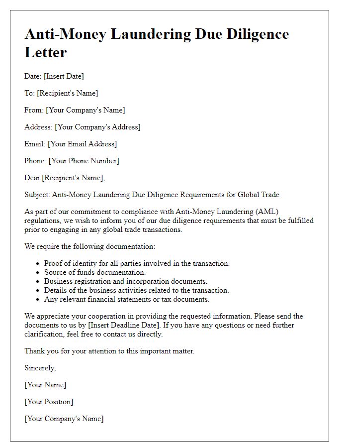 Letter template of anti-money laundering due diligence for global trade