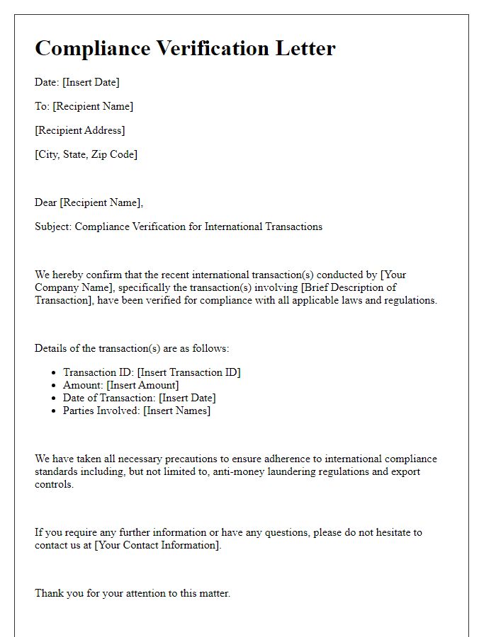 Letter template of compliance verification for international transactions