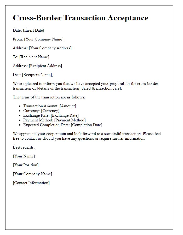 Letter template of cross-border transaction acceptance