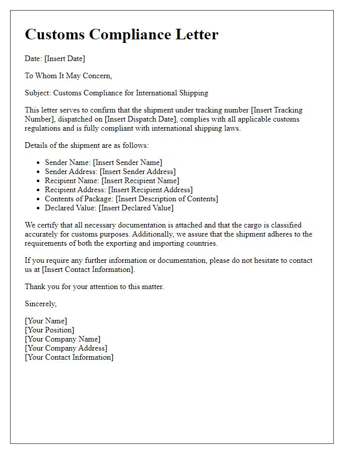 Letter template of customs compliance for international shipping