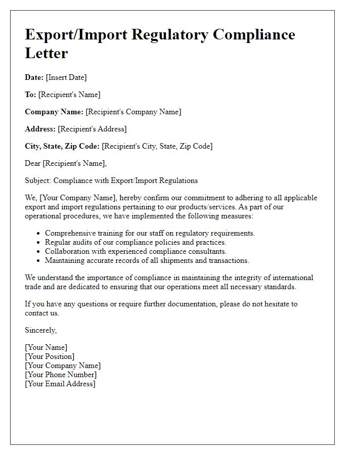 Letter template of export/import regulatory compliance