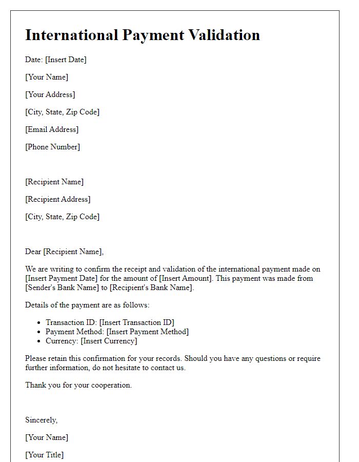 Letter template of international payment validation