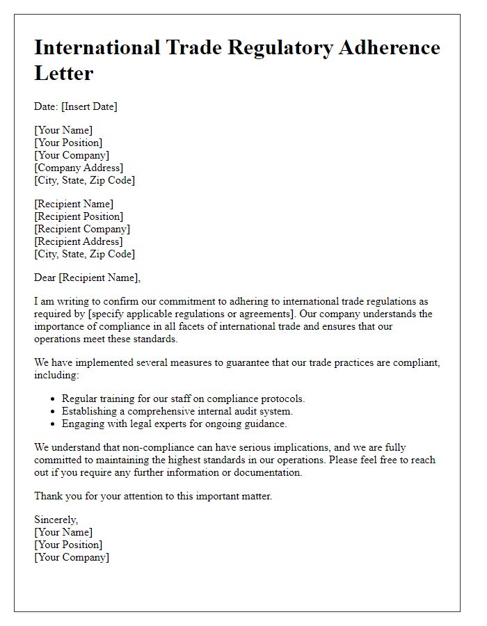 Letter template of international trade regulatory adherence