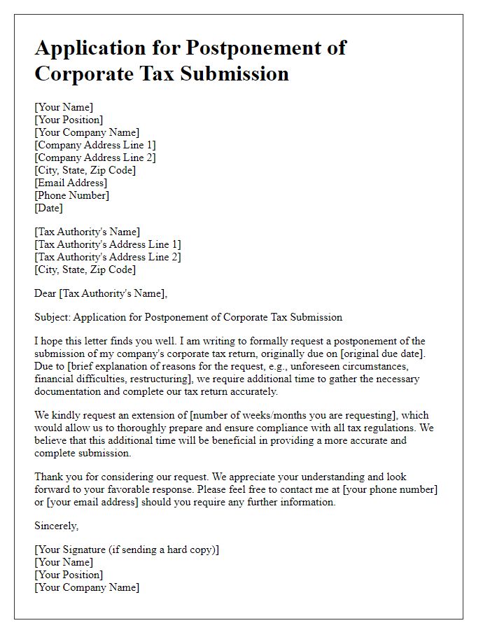 Letter template of application for postponement of corporate tax submission