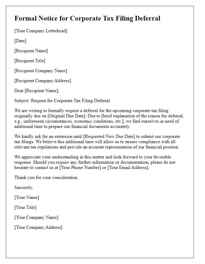 Letter template of formal notice for corporate tax filing deferral