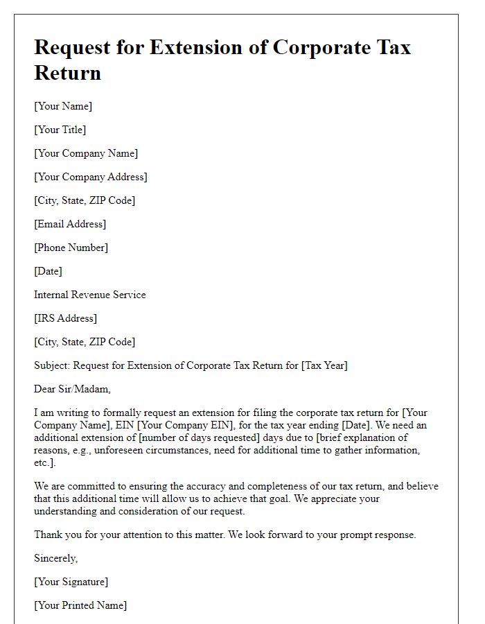 Letter template of formal request for corporate tax return extension