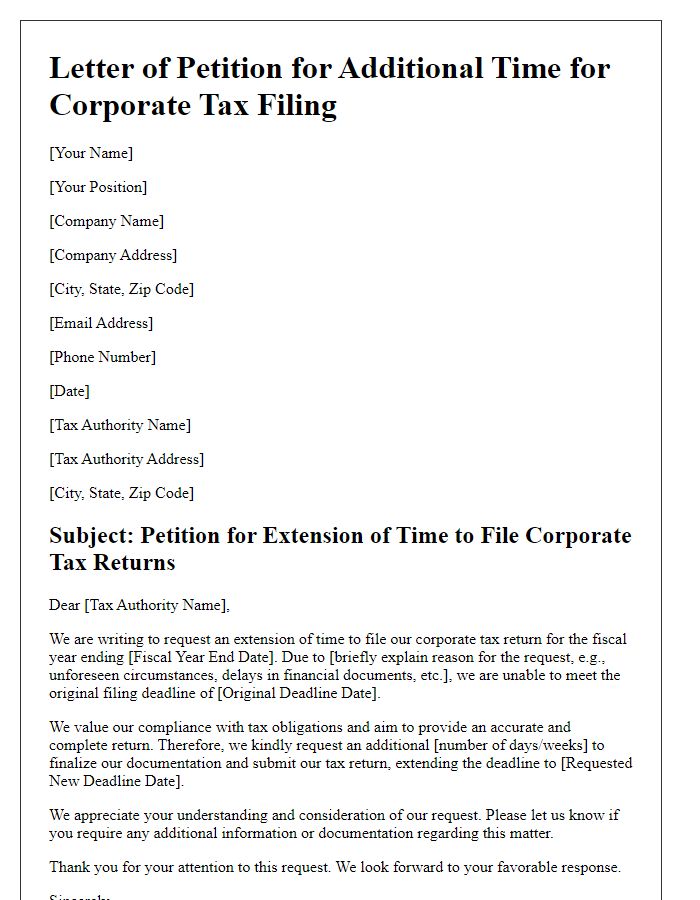 Letter template of petition for additional time for corporate tax filing