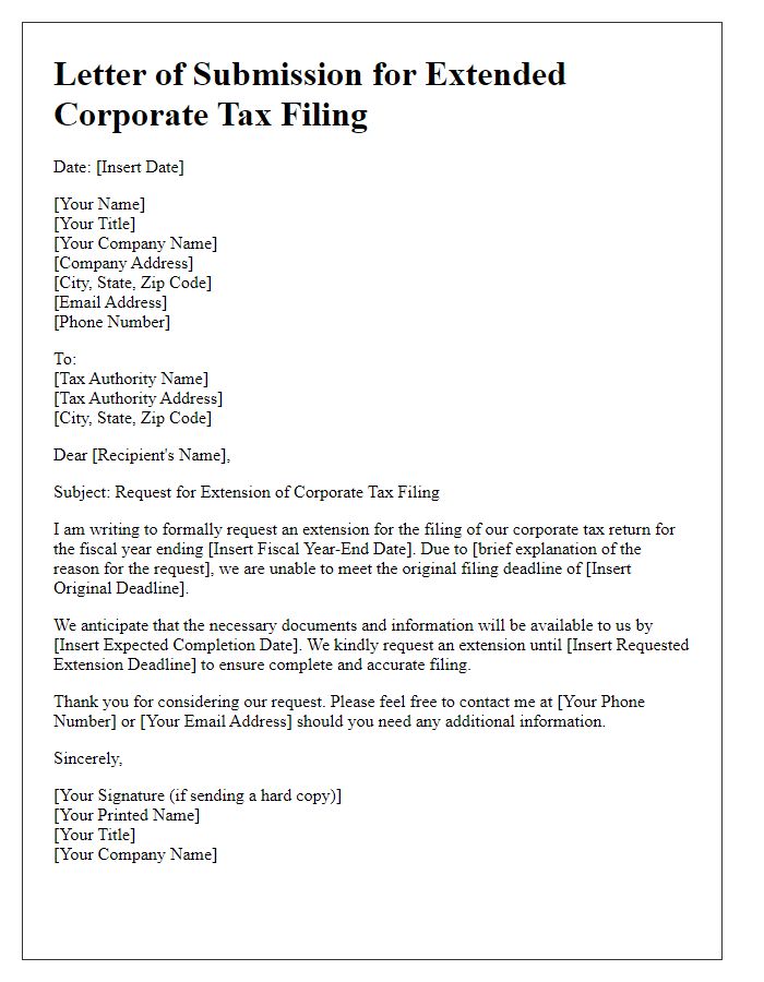 Letter template of submission for extended corporate tax filing