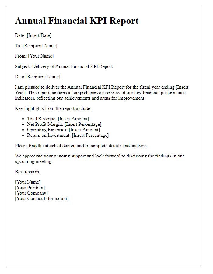 Letter template of annual financial KPI report delivery