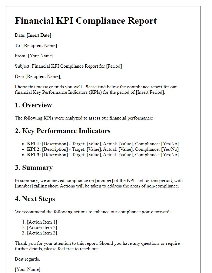 Letter template of financial KPI compliance report