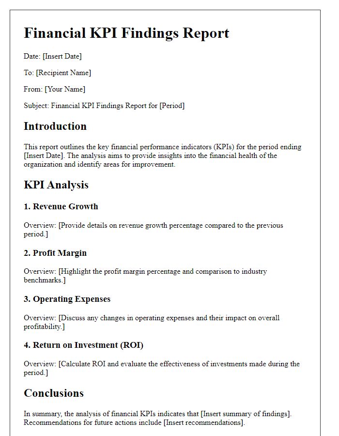 Letter template of financial KPI findings report