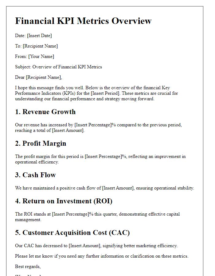 Letter template of financial KPI metrics overview