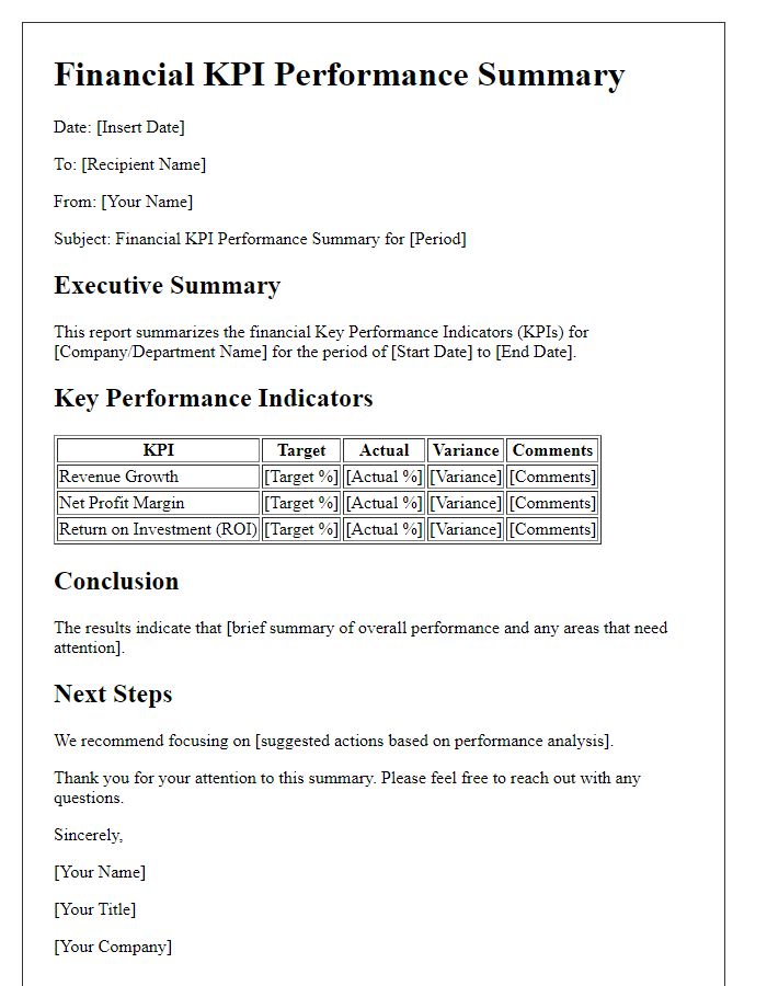 Letter template of financial KPI performance summary