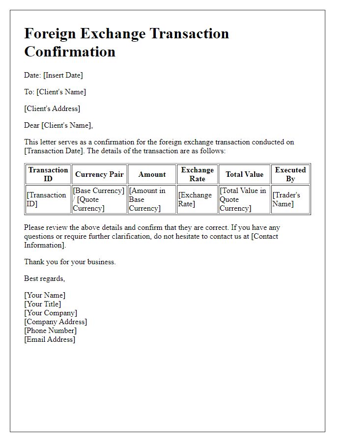 Letter template of foreign exchange transaction confirmation for regulatory compliance.