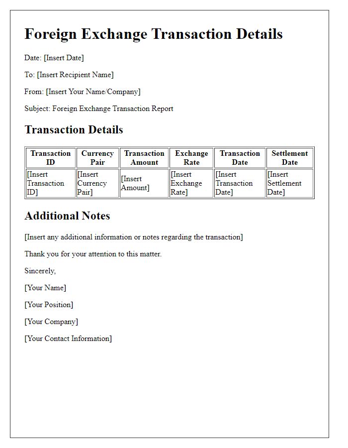 Letter template of foreign exchange transaction details for audit trail.