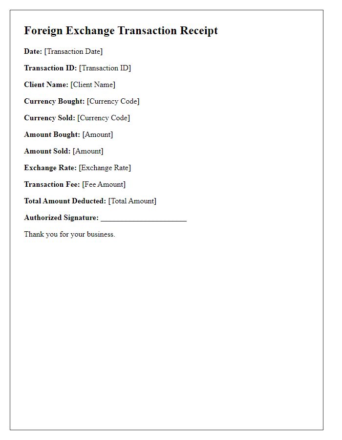 Letter template of foreign exchange transaction receipt for accounting purposes.