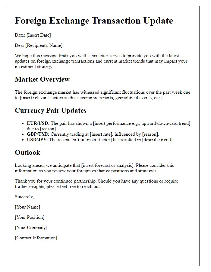 Letter template of foreign exchange transaction updates for market trends.