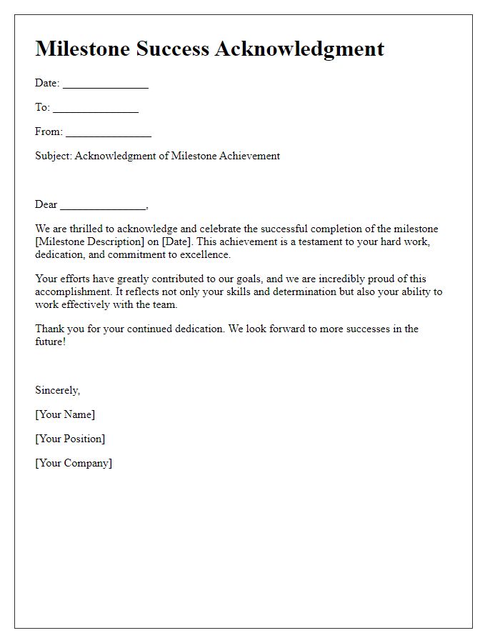 Letter template of Milestone Success Acknowledgment