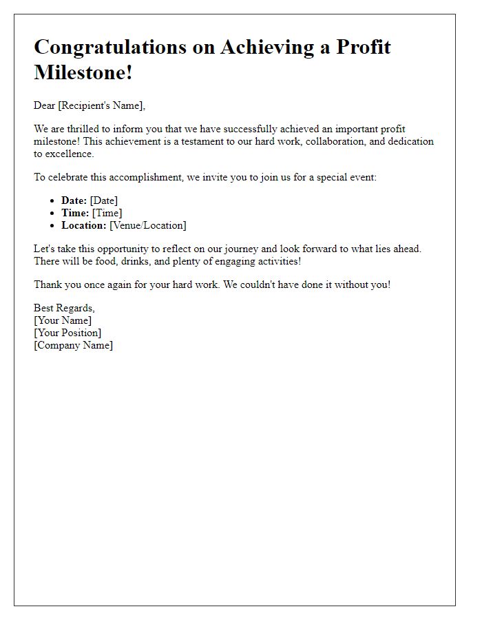 Letter template of Profit Milestone Celebration