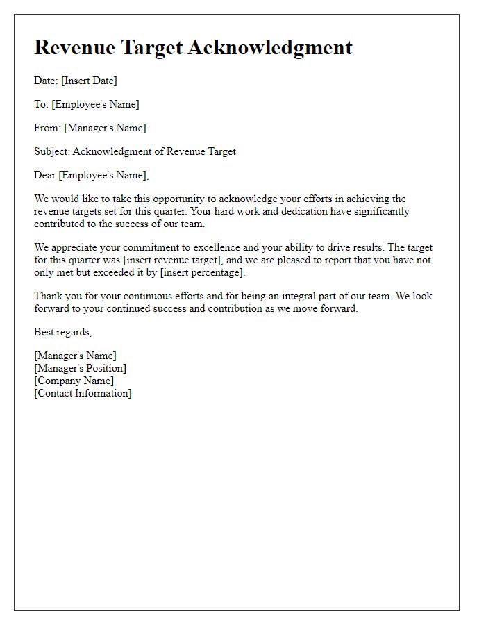 Letter template of Revenue Target Acknowledgment