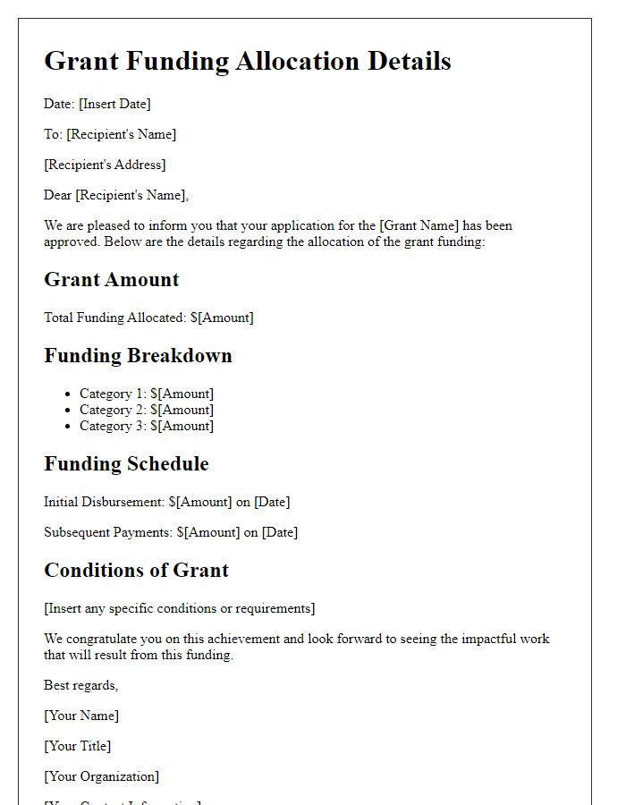 Letter template of grant funding allocation details