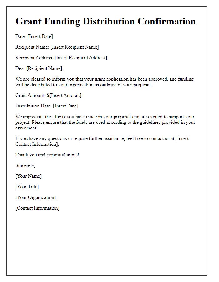 Letter template of grant funding distribution confirmation