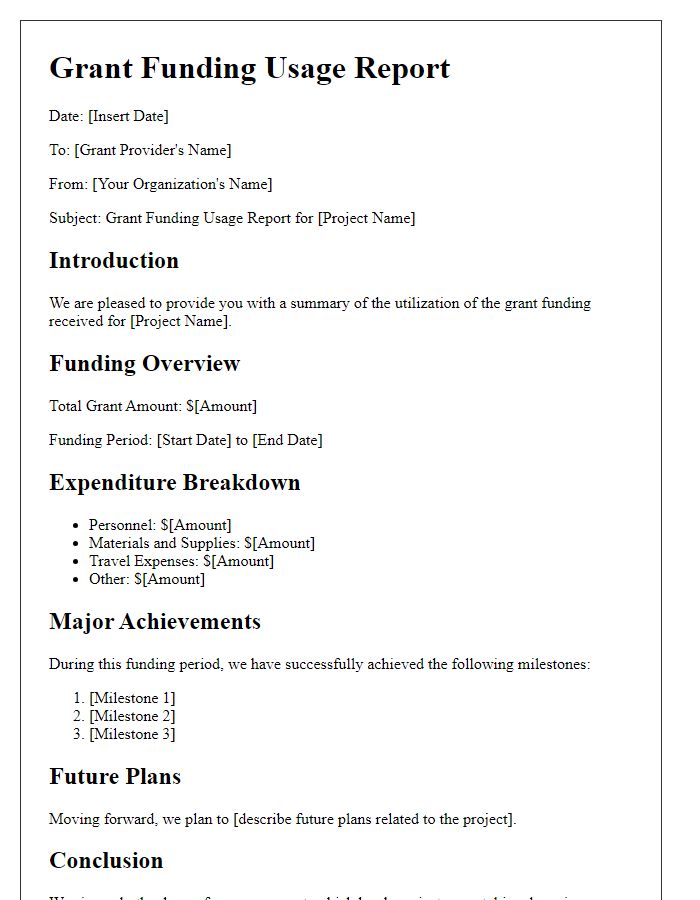 Letter template of grant funding usage report