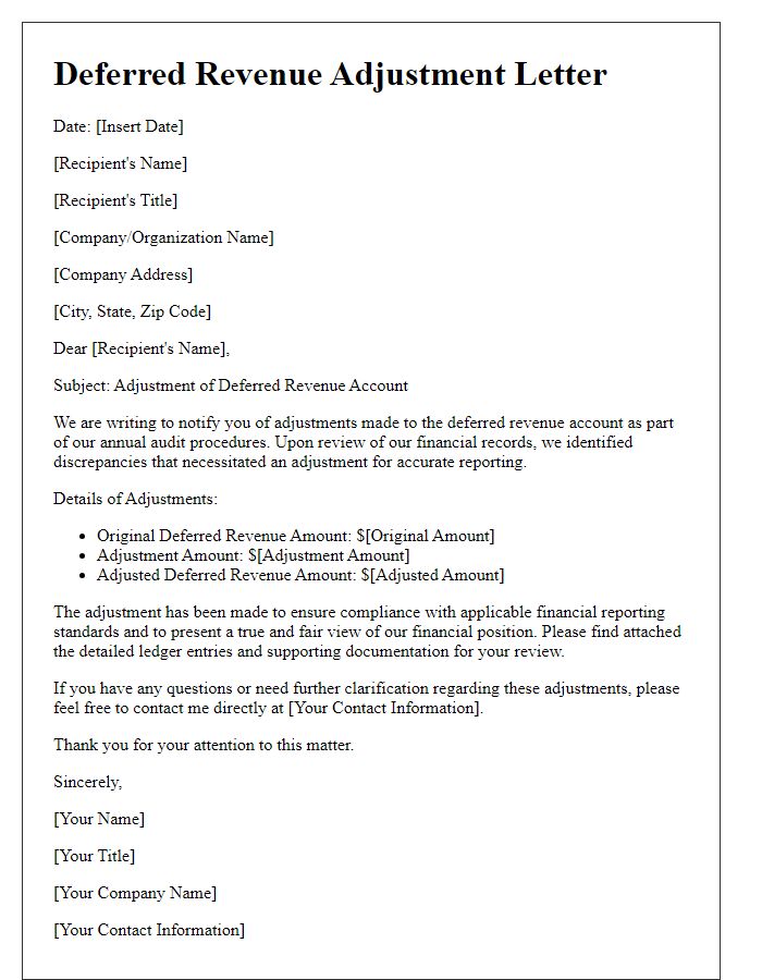 Letter template of deferred revenue account adjustment for auditing purposes.