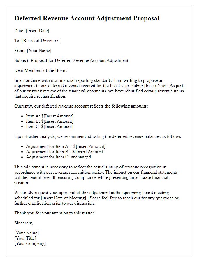 Letter template of deferred revenue account adjustment for board approval.