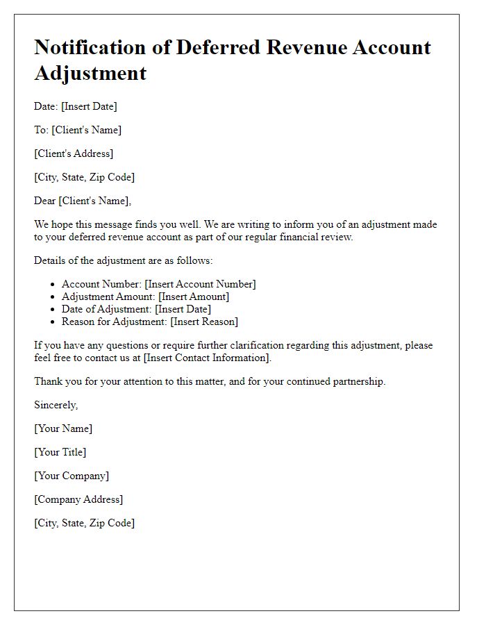 Letter template of deferred revenue account adjustment for client notification.