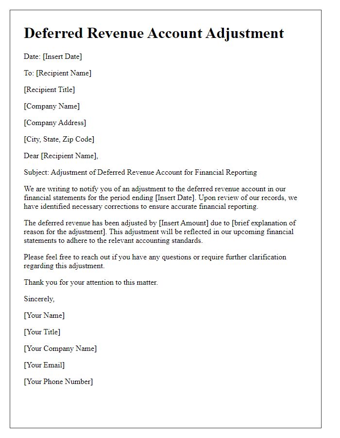 Letter template of deferred revenue account adjustment for financial reporting.