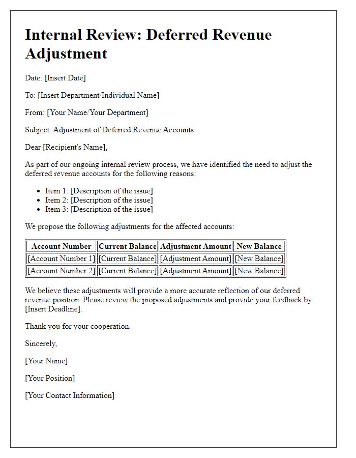 Letter template of deferred revenue account adjustment for internal reviews.