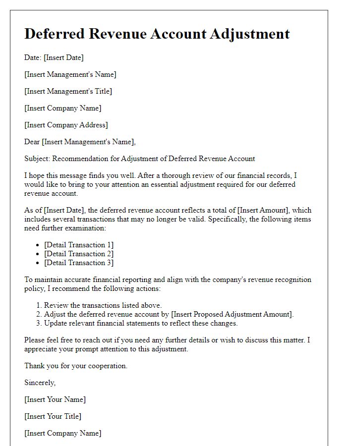 Letter template of deferred revenue account adjustment for management action.