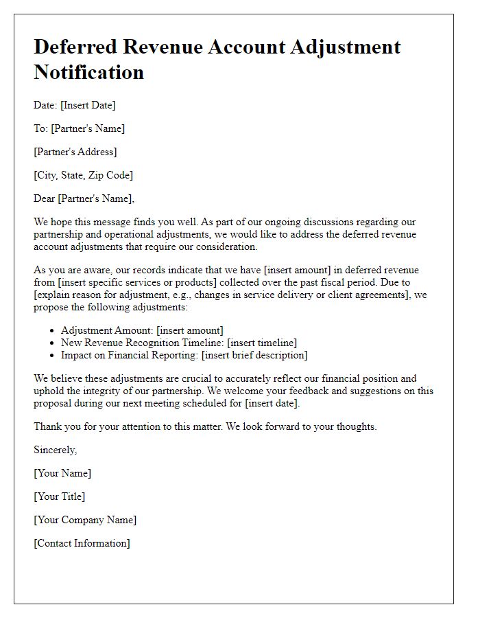 Letter template of deferred revenue account adjustment for partnership discussions.