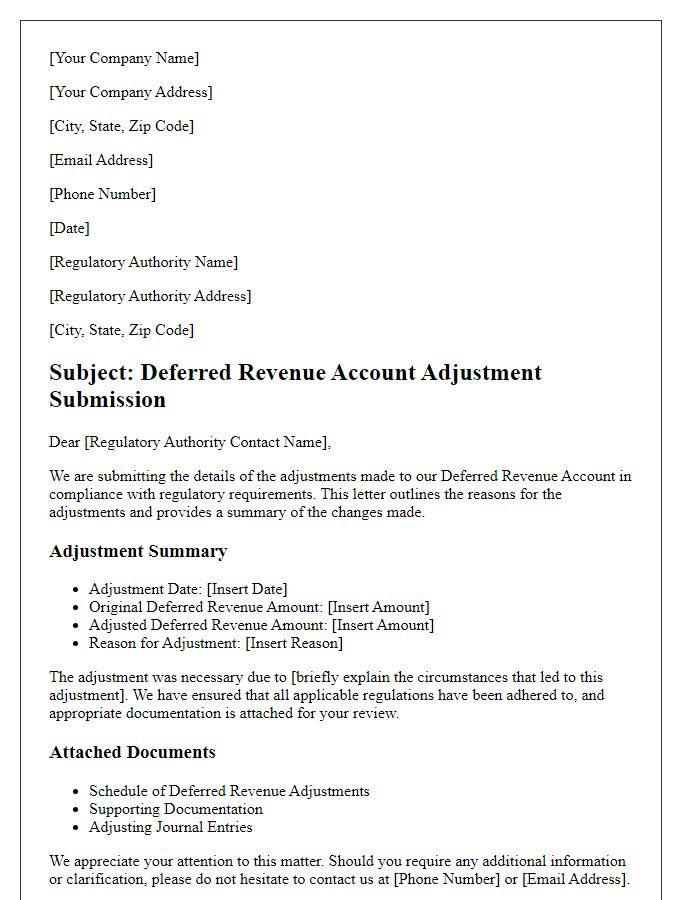 Letter template of deferred revenue account adjustment for regulatory submission.