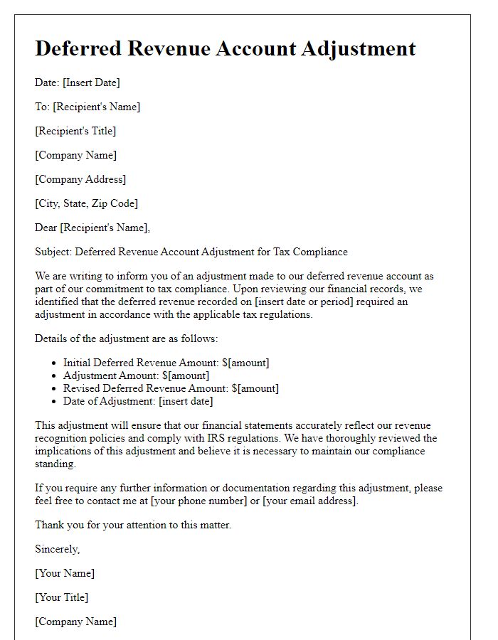 Letter template of deferred revenue account adjustment for tax compliance.