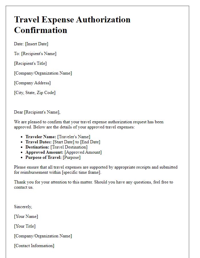 Letter template of travel expense authorization confirmation.