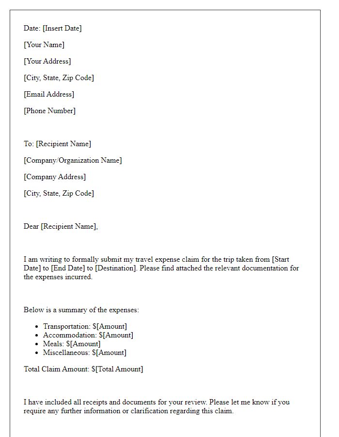 Letter template of travel expense claim submission.