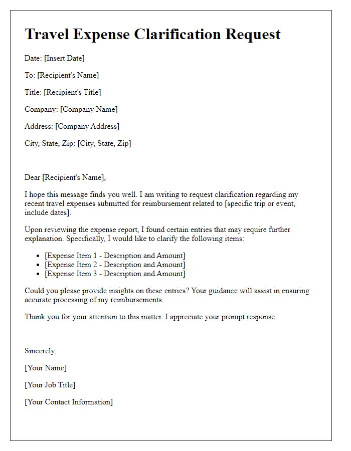 Letter template of travel expense clarification request.