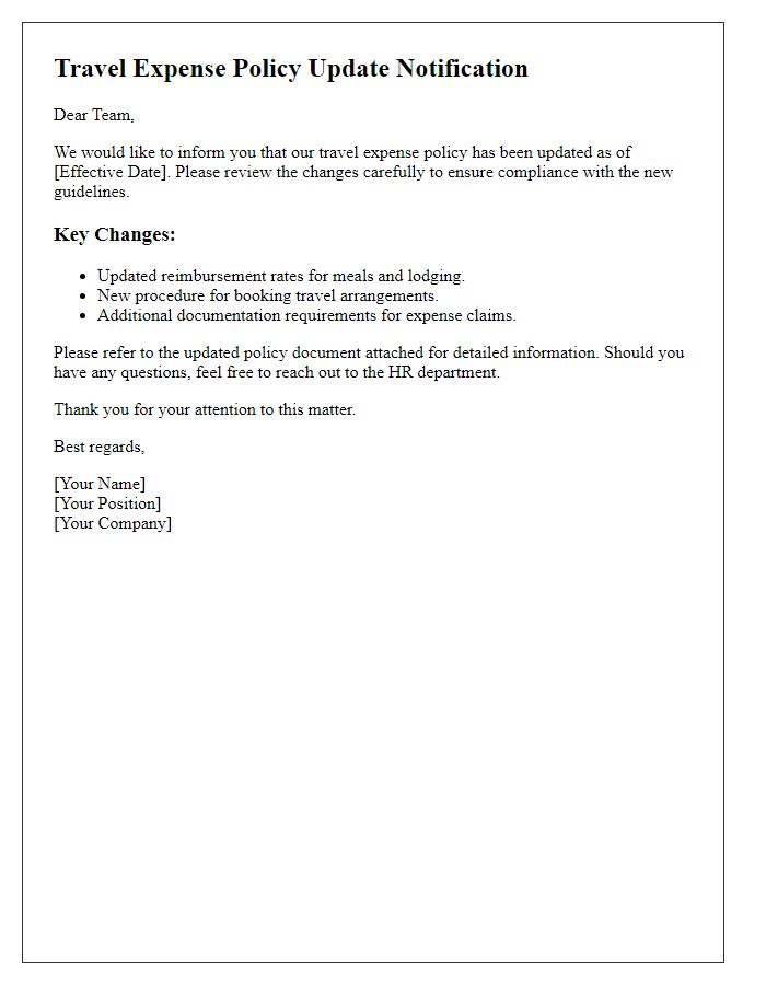 Letter template of travel expense policy update notification.