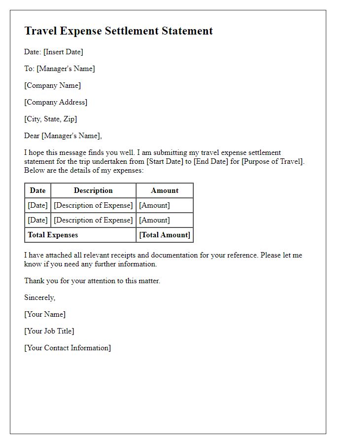 Letter template of travel expense settlement statement.