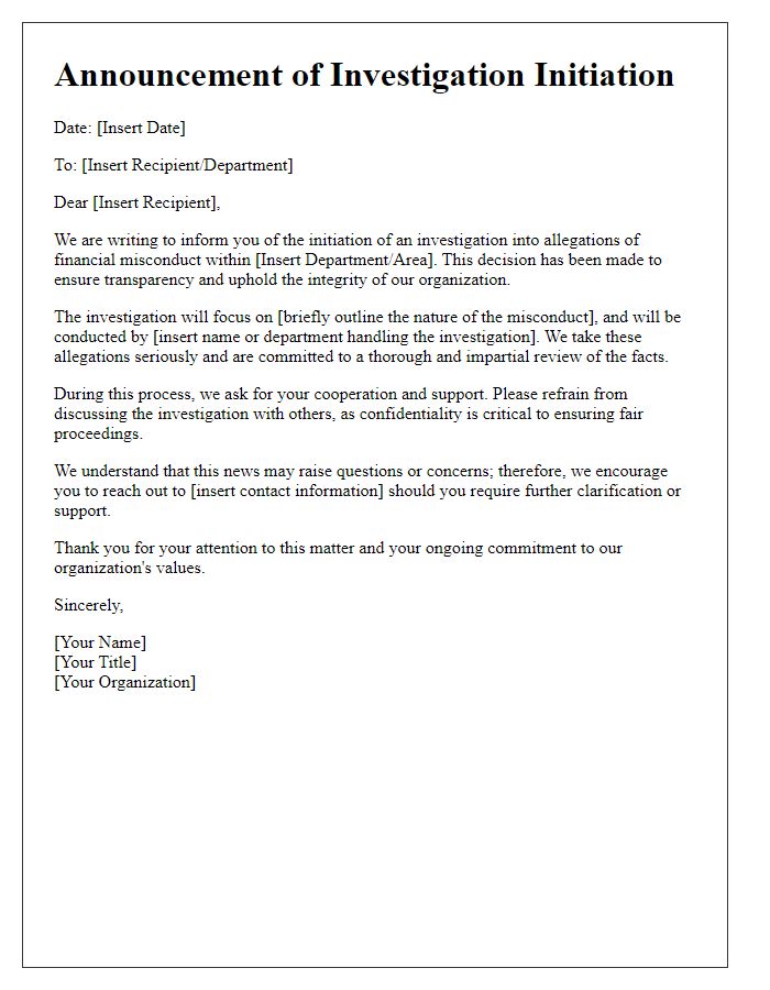 Letter template of announcement for financial misconduct investigation initiation